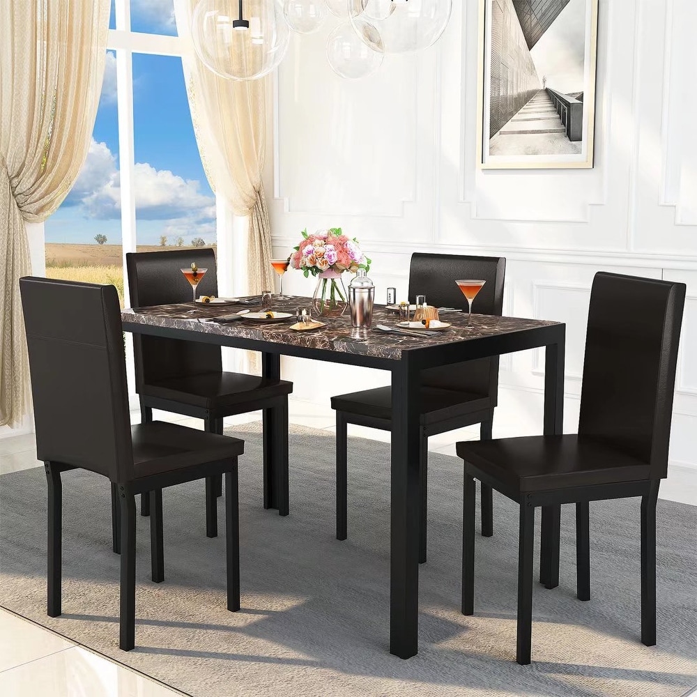 Mieres 5 Piece Dining Table Set with Faux Marble Top and 4 PU Leather Upholstery Chairs for Kitchen Dining Room