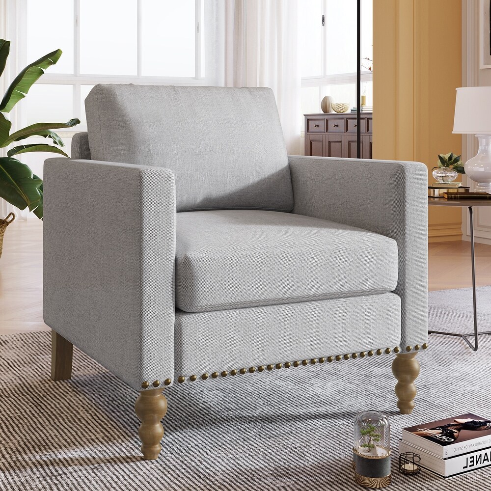 Classic Linen Armchair Accent Chair with Bronze Nailhead Trim