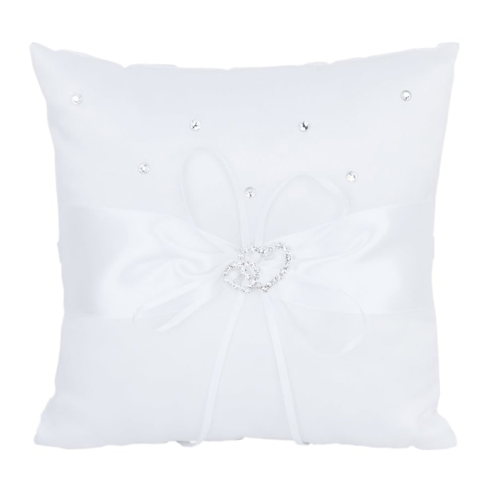 10*10cm Double Heart Bridal Wedding Ceremony Pocket Ring Bearer Pillow Cushion with Satin Ribbons (White)