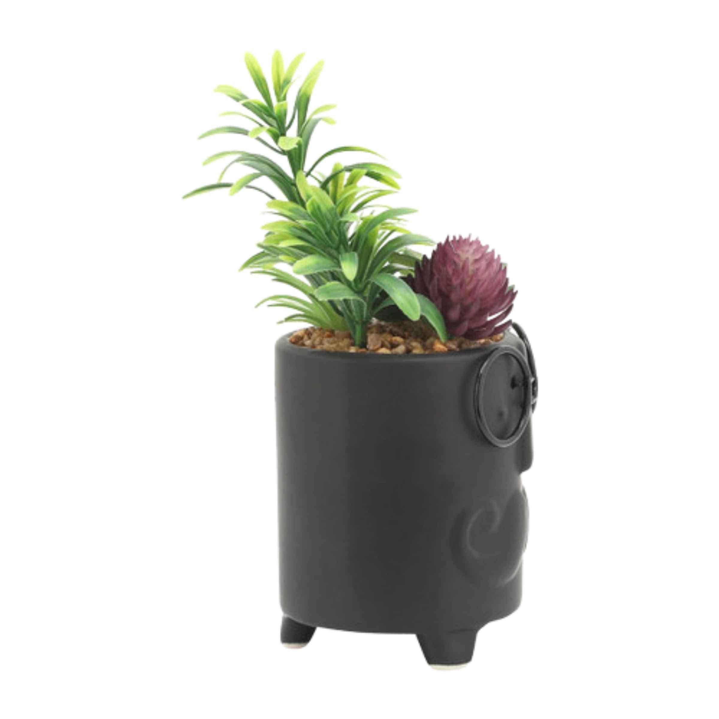 Face Ceramic Planter With Artificial Plants 8.89 Cm - Black 16972-02