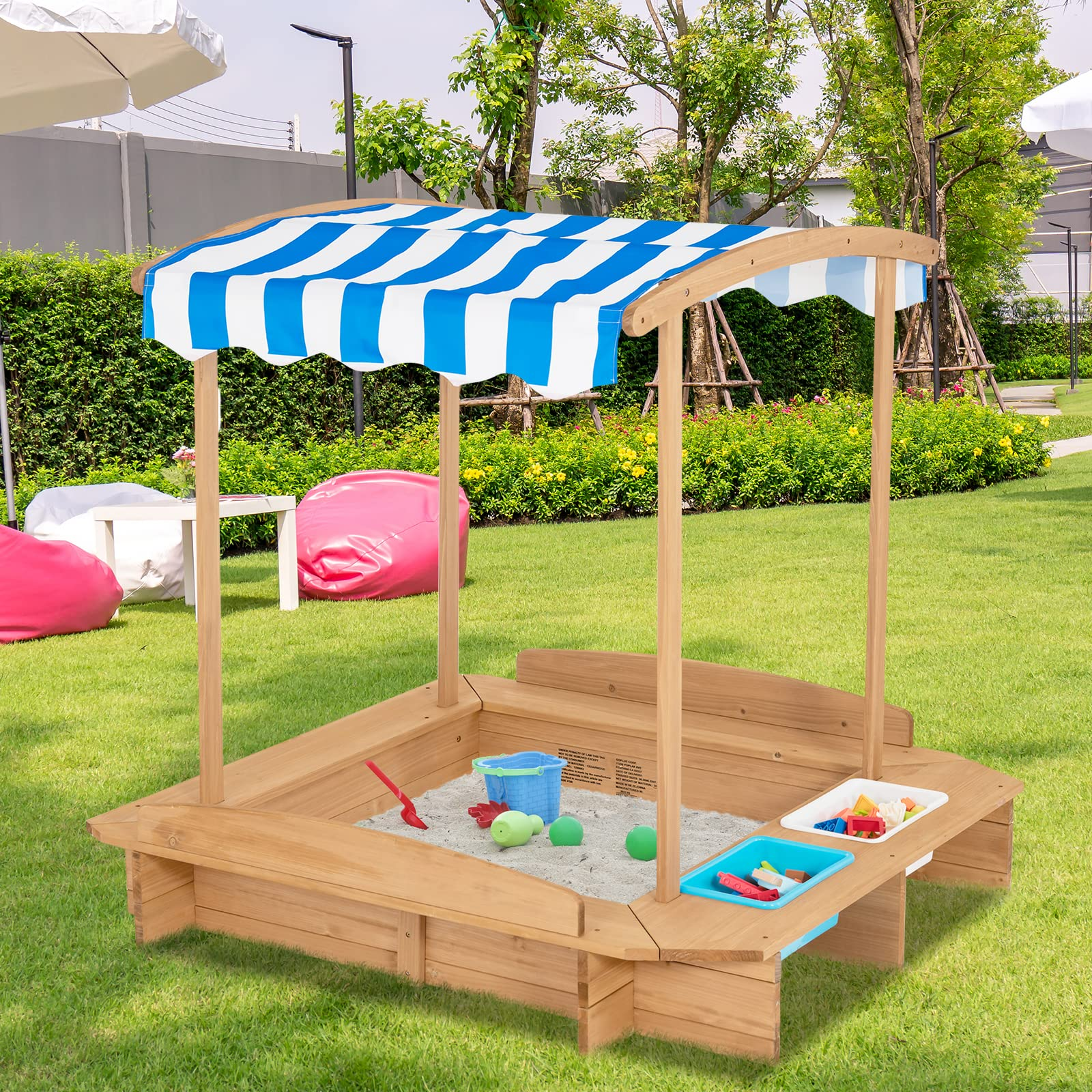 Costzon Kids Wooden Sandbox with Canopy & 2 Toy Storage Boxes