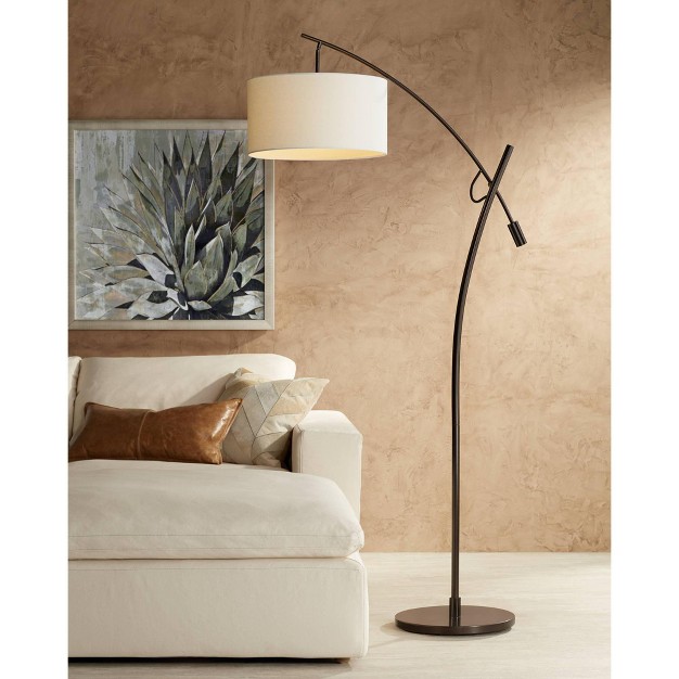 Tall Bronze Adjustable Boom Arm Off White Linen Drum Shade For Living Room Reading Bedroom Home