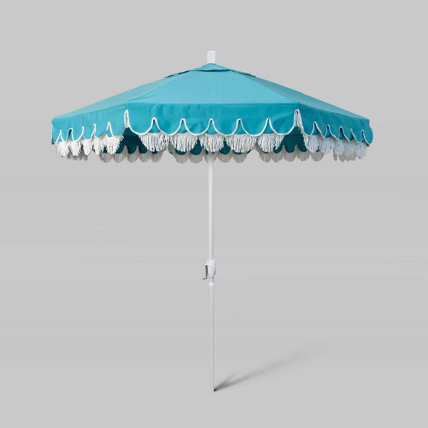 7 5 x27 Sunbrella Scallop Base Fringe Market Patio Umbrella With Crank Lift White Pole California Umbrella