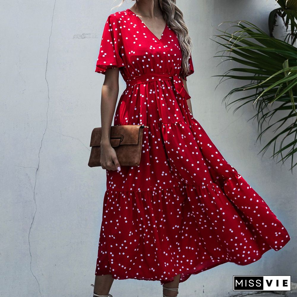 Summer Elegant V-neck Cross Belt Sexy Beach Long Dress Women Print Flowers Polka-dot Strap Ladies Boho Dress Women Vestidos