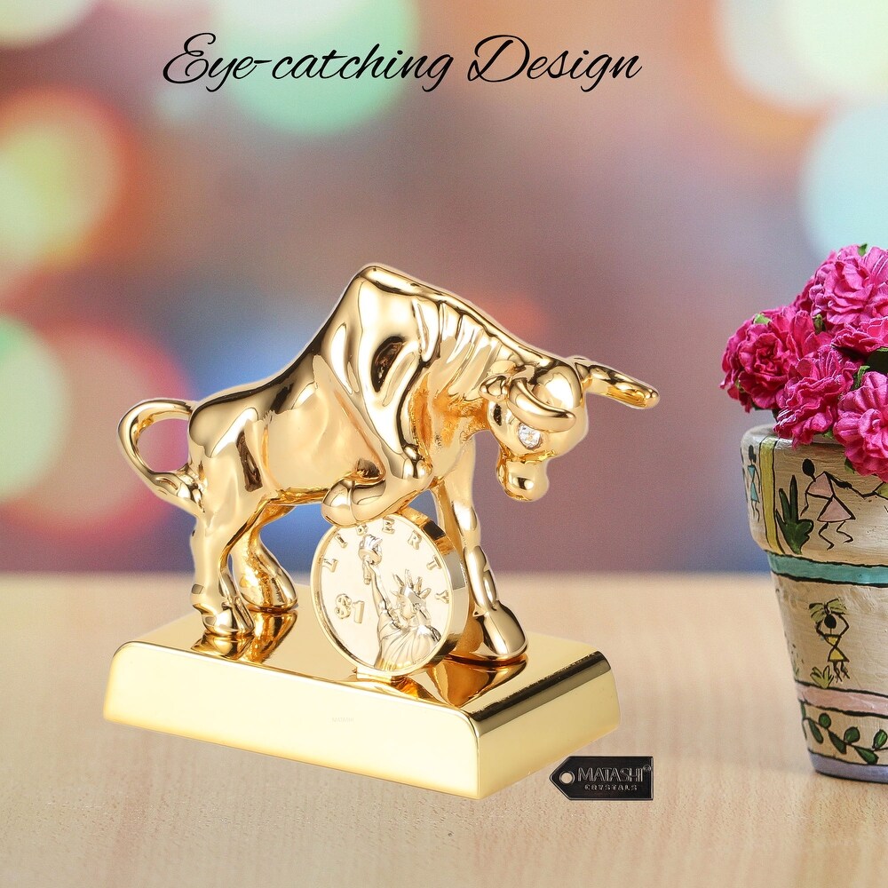 Matashi 24K Gold Plated Crystal Studded Ox/Bull Figurine with Coin Ornament Collectible Gift  Ox Wealth Statue  Bull Statue