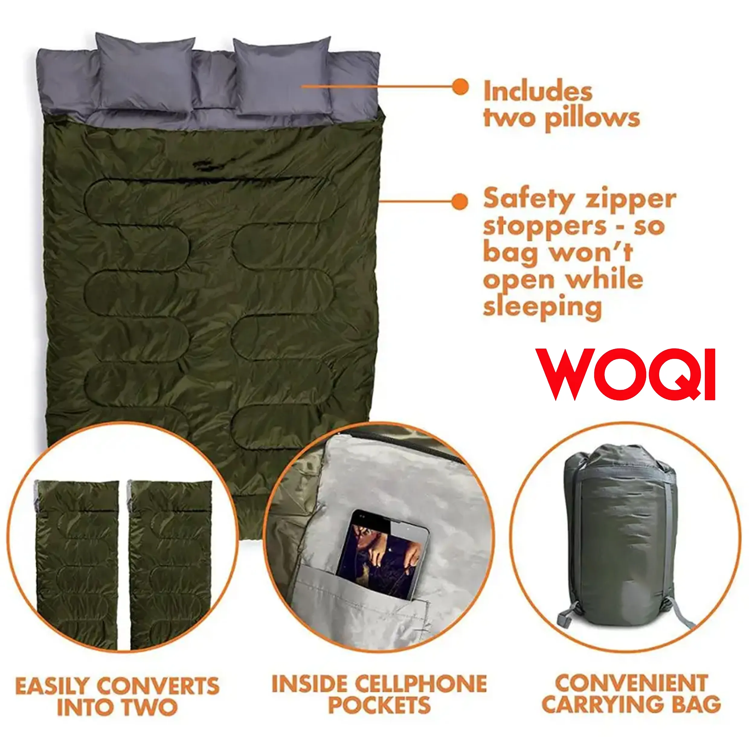 Woqi Extreme Waterproof Backpacking Double Sleeping Bag with 2 Pillows