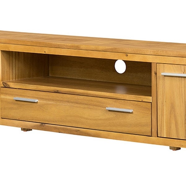 Coco 79 Inch TV Entertainment Console Cabinet， 2 Doors， Brown Acacia Wood