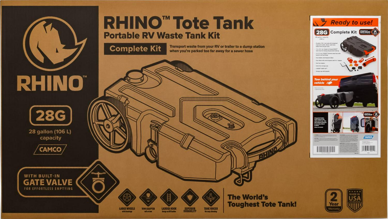 Camco Rhino Heavy Duty 28 Gallon Portable RV Waste Holding Tank with Hose and Accessories 8211 Durable Leak Free and Odorless RV Tote Tank (39004)  Crowdfused