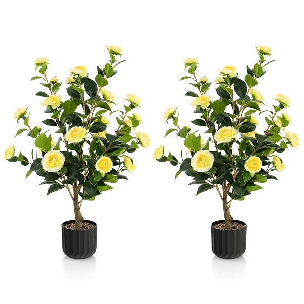 Gymax 2Pack 38'' Artificial Camellia Tree Faux Floral Plant for