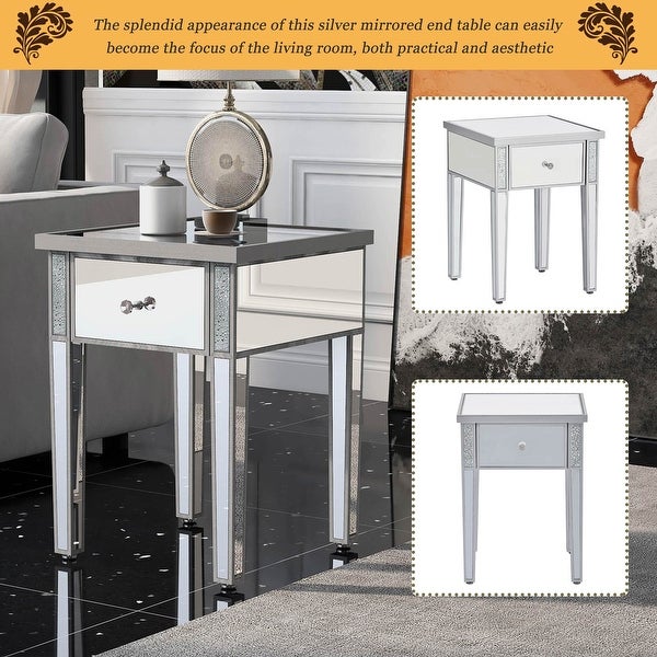 Modern Glass Mirrored End Table with Drawer，Crystal Design and Adjustable Height Legs