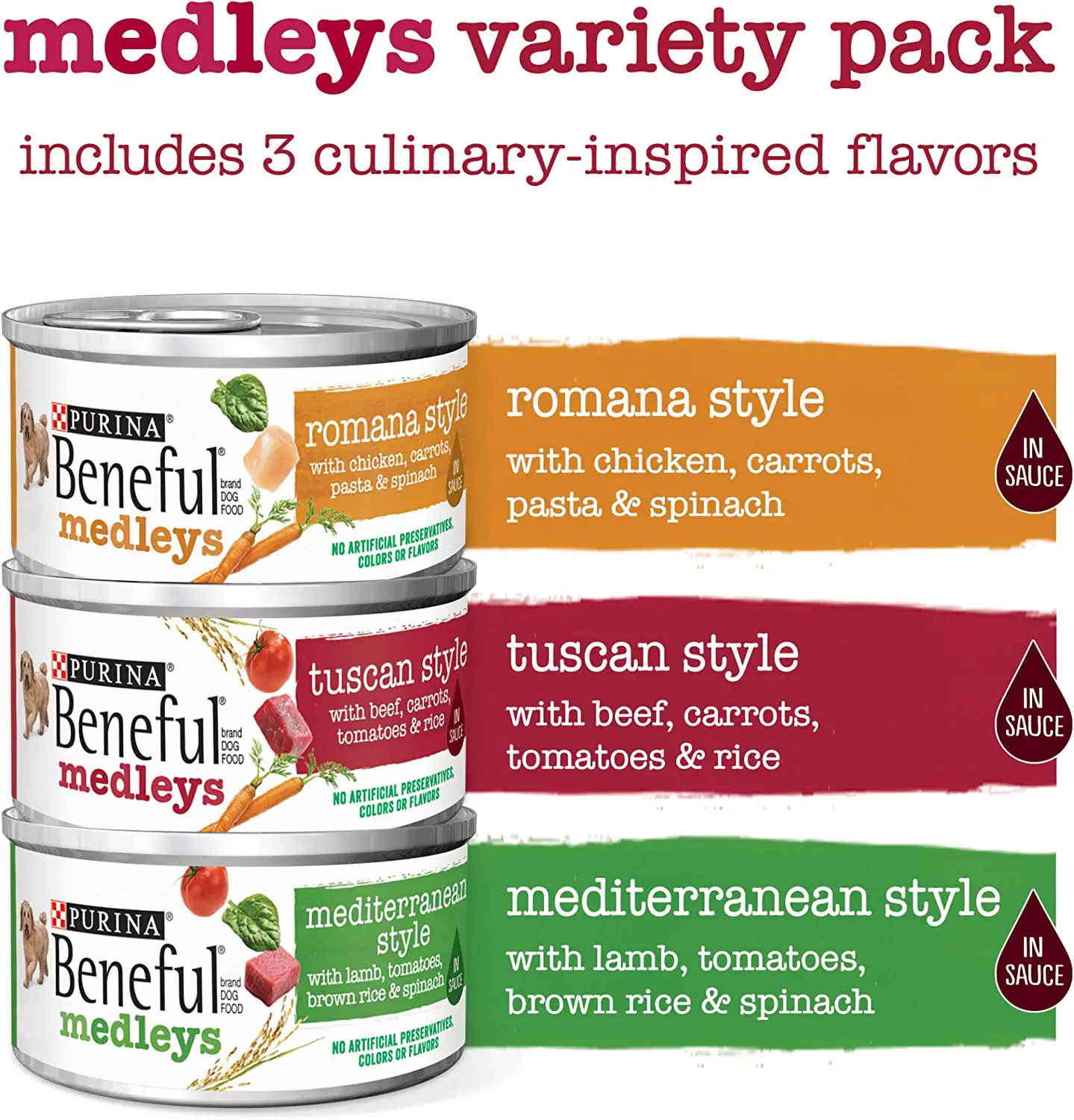 Purina Beneful Wet Dog Food Variety Pack， Medleys Tuscan， Romana and Mediterranean Style - (30) 3 oz. Cans