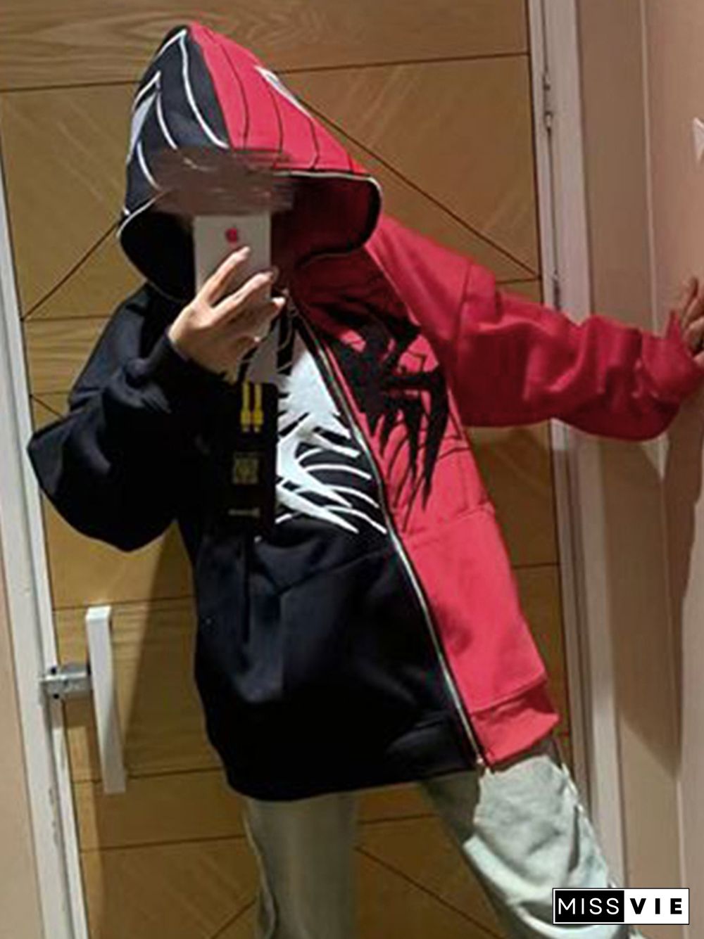 Color Block Splice Spider Print Oversized Hoodie