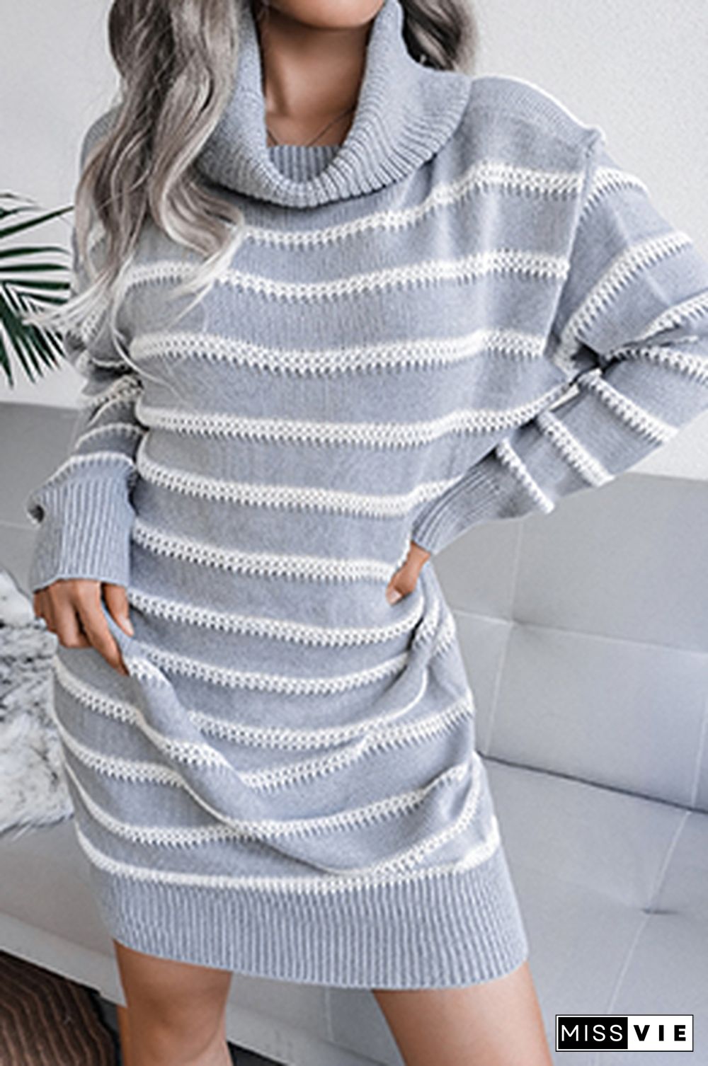 Casual Striped Split Joint  Contrast Turtleneck Dresses  (Without Belt)