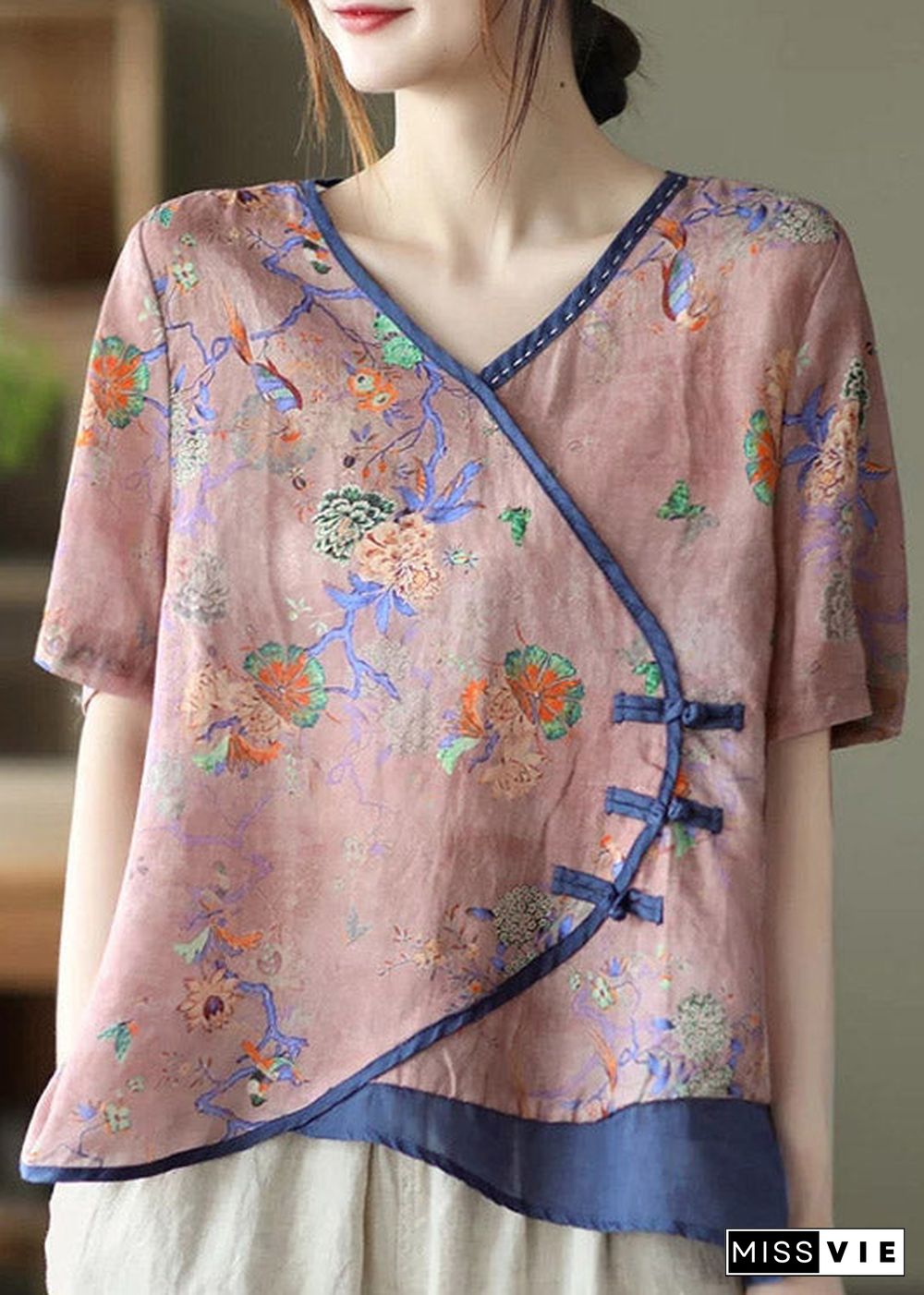 Vintage Pink V Neck Print Button Patchwork Blouse Tops Short Sleeve