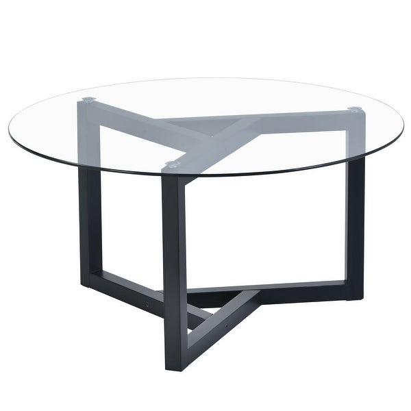 Modern Black Round Glass Coffee Table with Wood Base