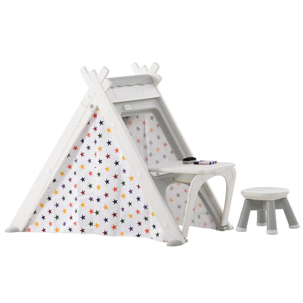 4-in-1 Kids Play Tent with Stool and Climber in Gray LN20232787