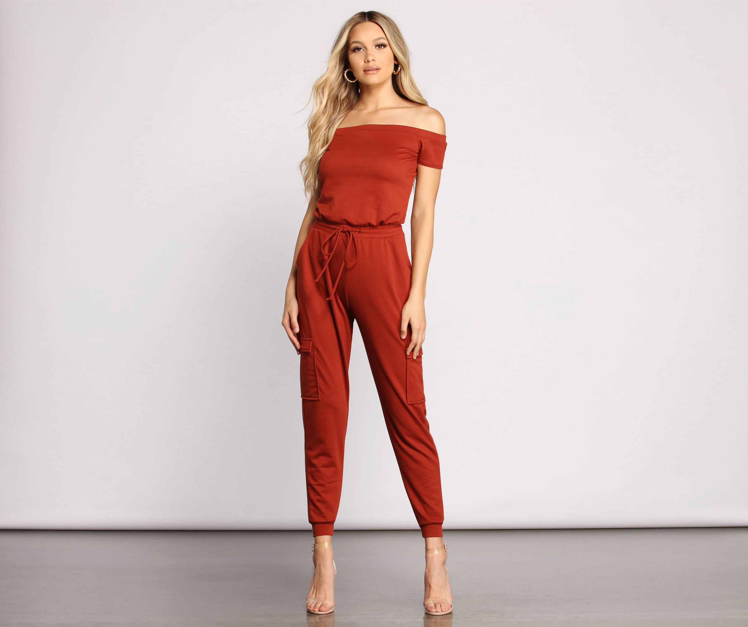 Carry On In Style Off The Shoulder Cargo Jumpsuit