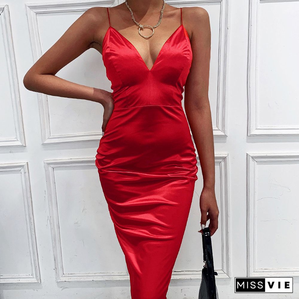 Off Shoulder Slip Sexy Dress Women Midi Bodycon Summer New Satin Strappy Backless V Neck Party Dress