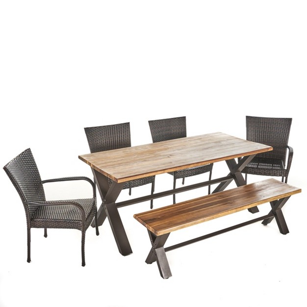 Bullerton 6pc Acacia amp Wicker Dining Set Teak brown Christopher Knight Home