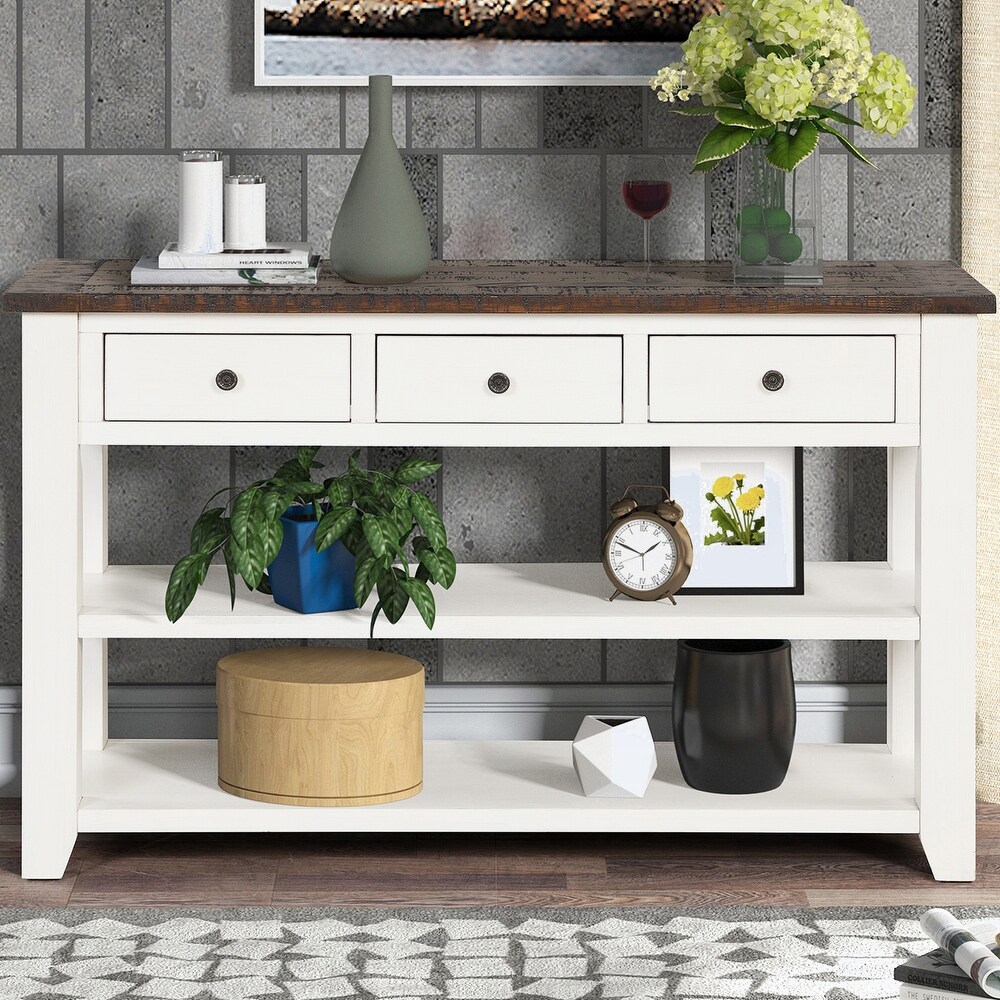 Modern Solid Pine Wood Top Console Table with Drawers and Shelves