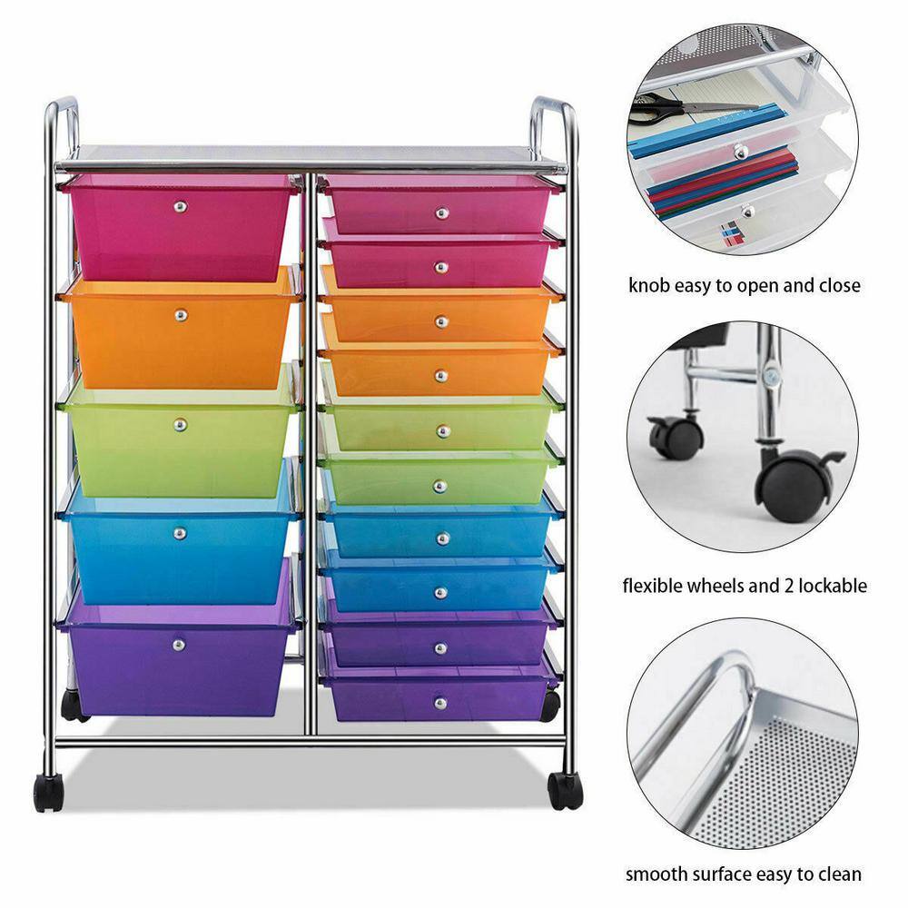 Costway 15 Drawer 4-Wheeled Plastic Rolling Storage Cart Tools Scrapbook Paper Office School Organizer in Colorful HW53825