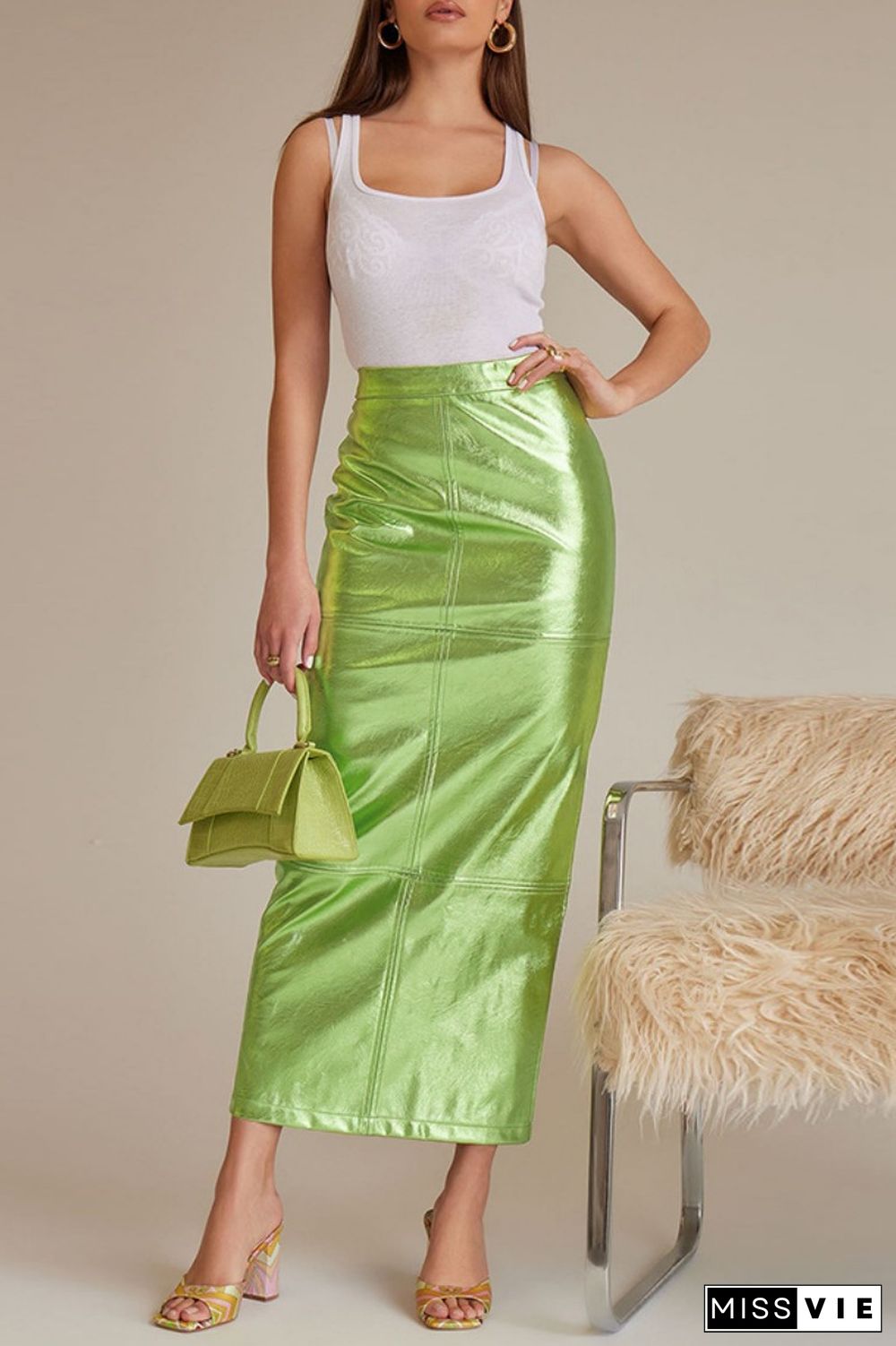 Green Casual Solid Slit Skinny High Waist Conventional Solid Color Skirts