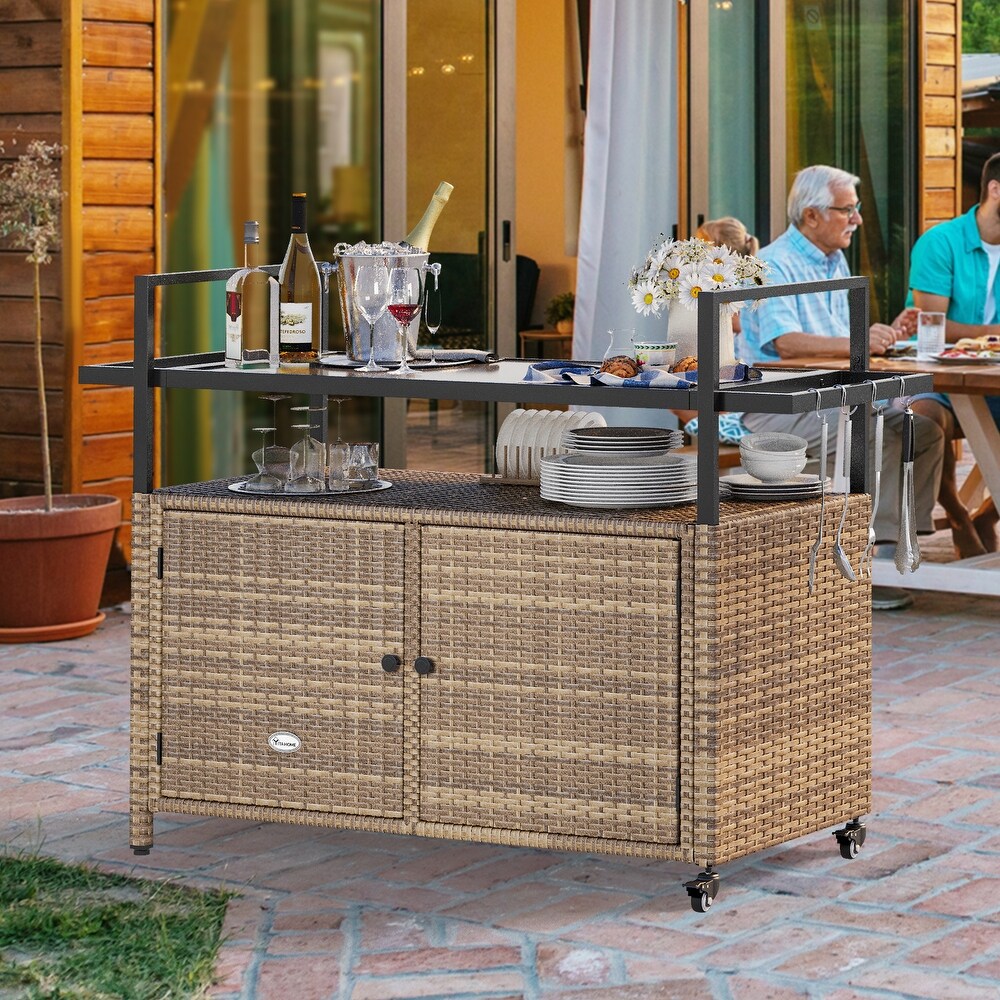 Wicker Outdoor Kitchen Serving Station with Storage Cabinet and Wheels   51.2L x 19.7\