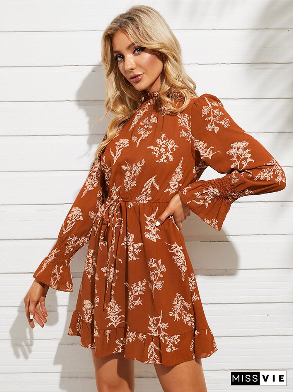 Plants Print Shirred Mock Neck Tie Long Sleeve Dress