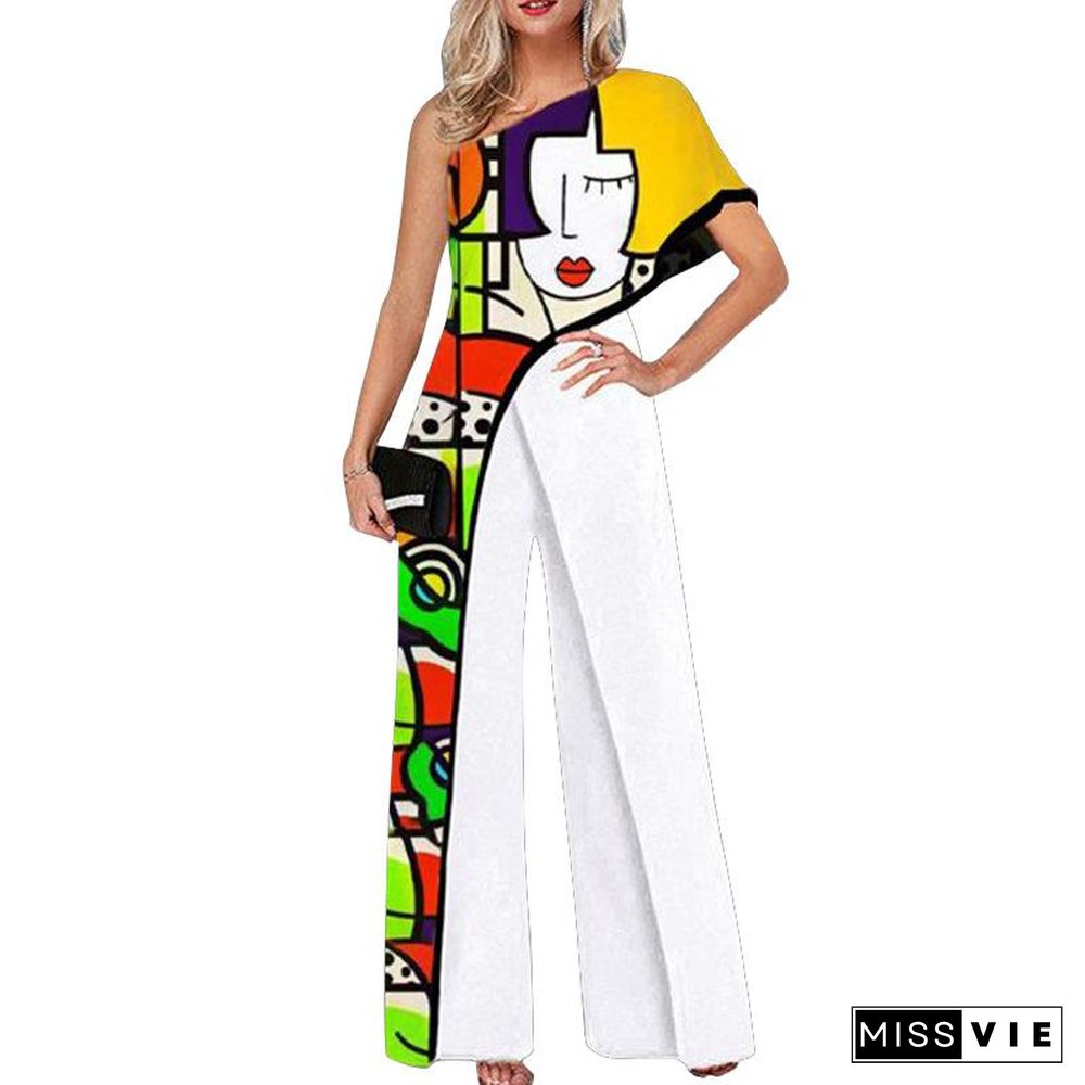 Jumpsuit Printed Diagonal Shoulder Fashion Wide Leg Pants for Women