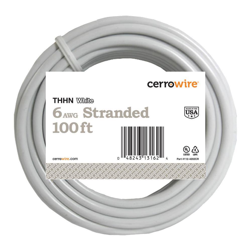 Cerrowire 100 ft. 6 Gauge White Stranded Copper THHN Wire 112-4202CR