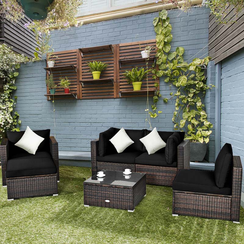 6 Pcs Patio Rattan Sectional Furniture Set Outdoor Conversation Sofa Set with Cushions