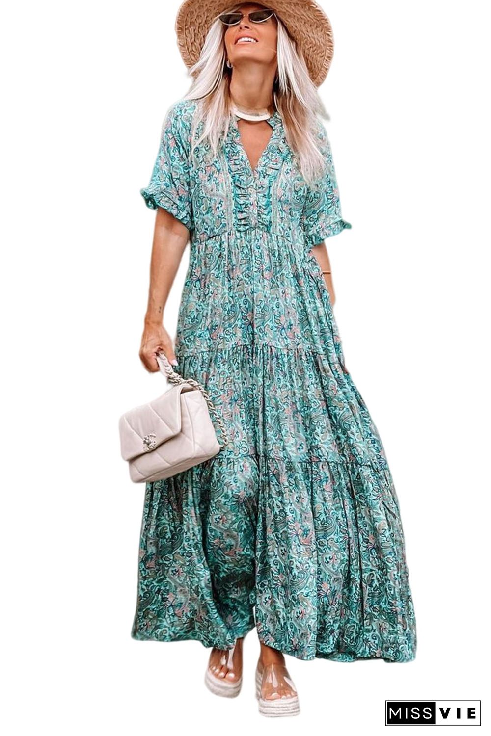 Sky Blue Paisley Print Boho Holiday Ruffle Tiered Maxi Dress