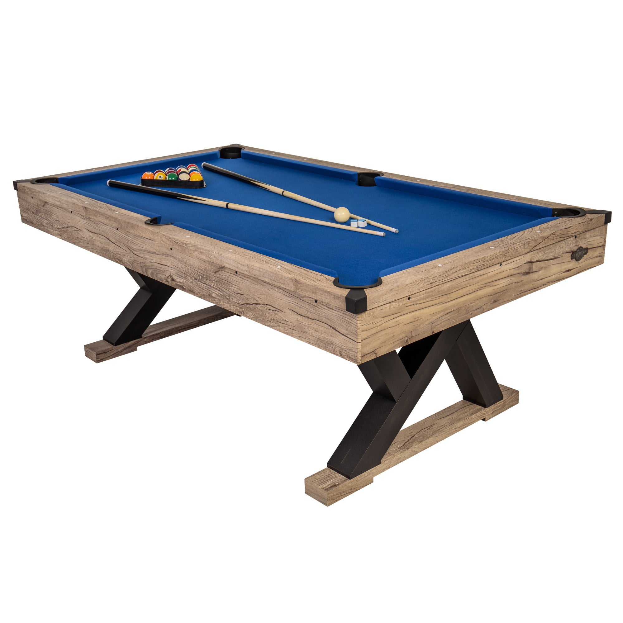 American Legend Kirkwood 84" Billiard Table with Rustic Blond Finish, K-Shaped Legs and Royal Blue Cloth