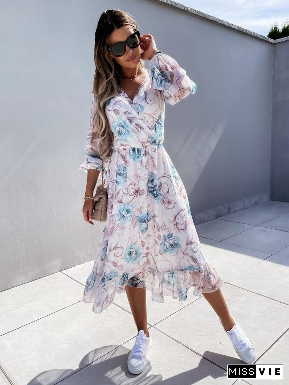 Cross V Neck Short Sleeve Midi Dress