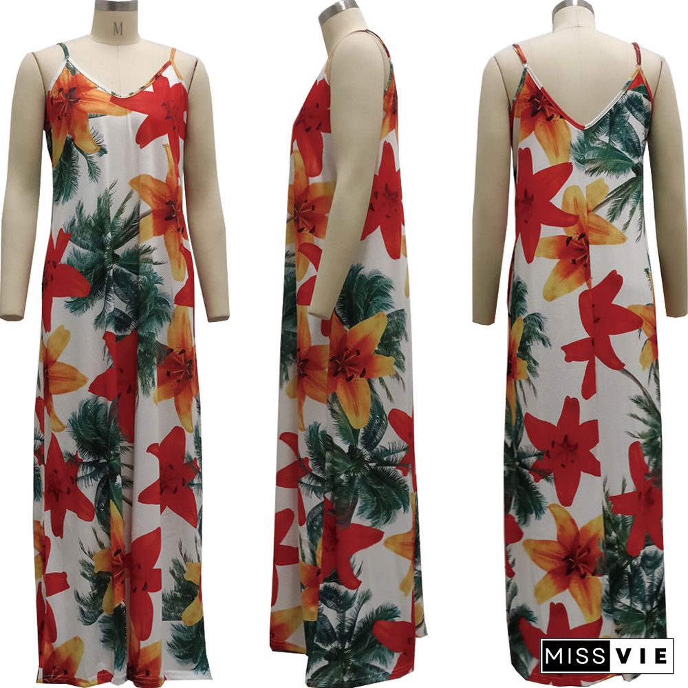 Summer Outfits Fashion Print Sleeveless Strap V-neck With Pocket Beach Clubwear Loose Long Dresses