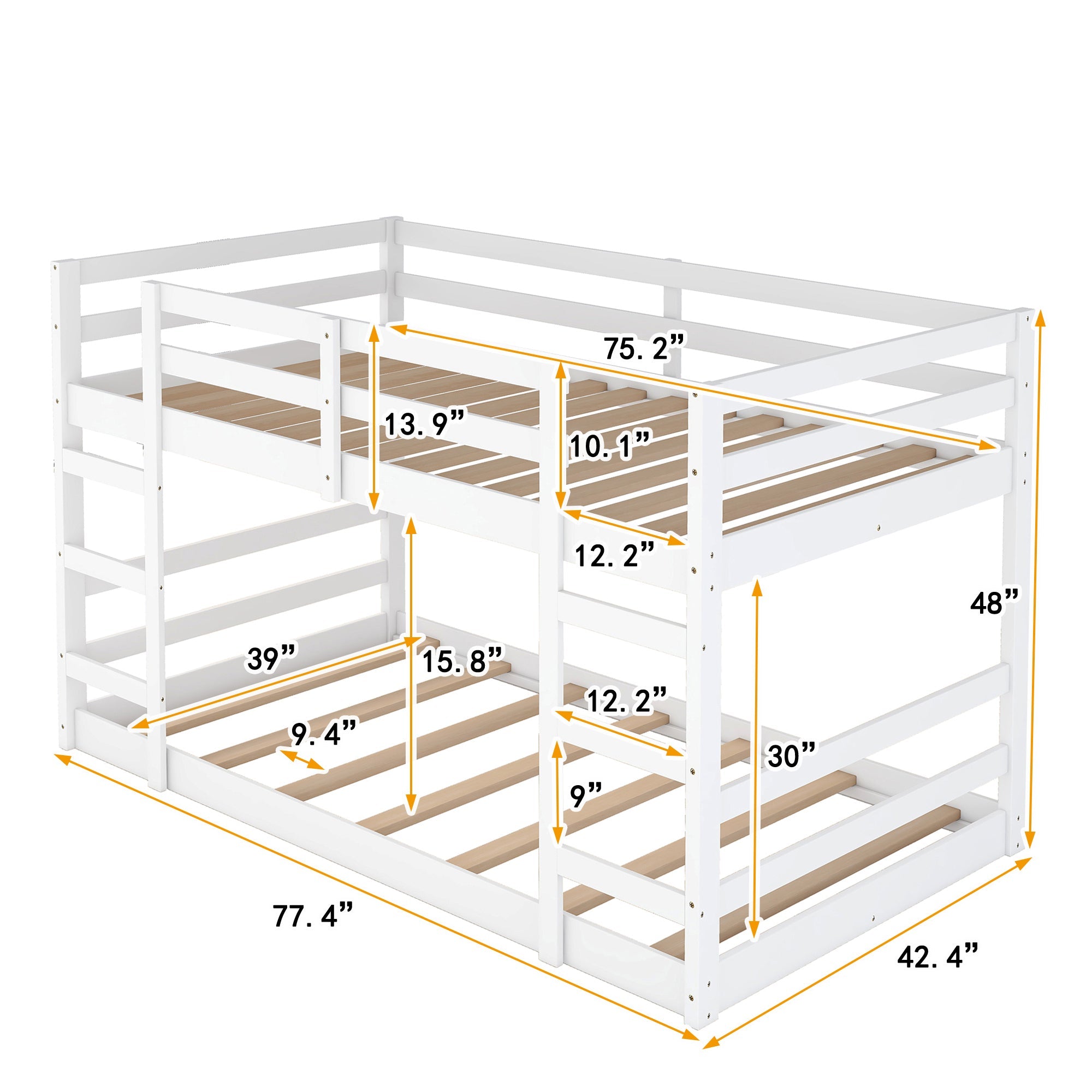 Bellemave Low Twin Over Twin Bunk Beds, Juniors Floor Bunk Bed with Ladder and Guardrails, Wood Twin Bunk Bed for Kids Teens Girls & Boys, White