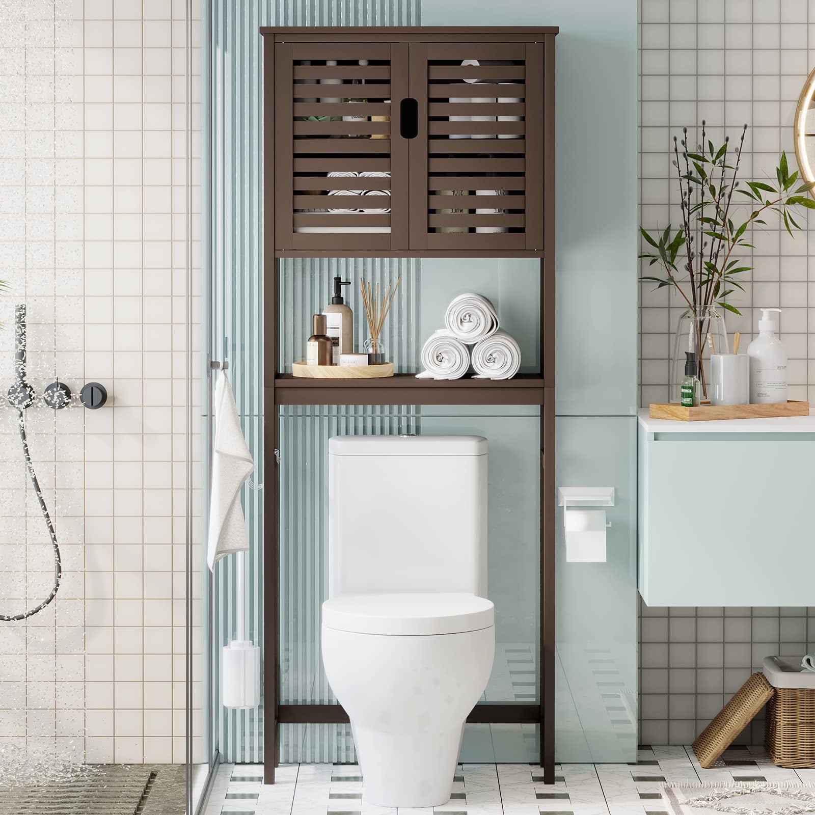 Over The Toilet Storage Cabinet, Freestanding Toilet Shelf with Cupboard and Adjustable Shelve, Brown