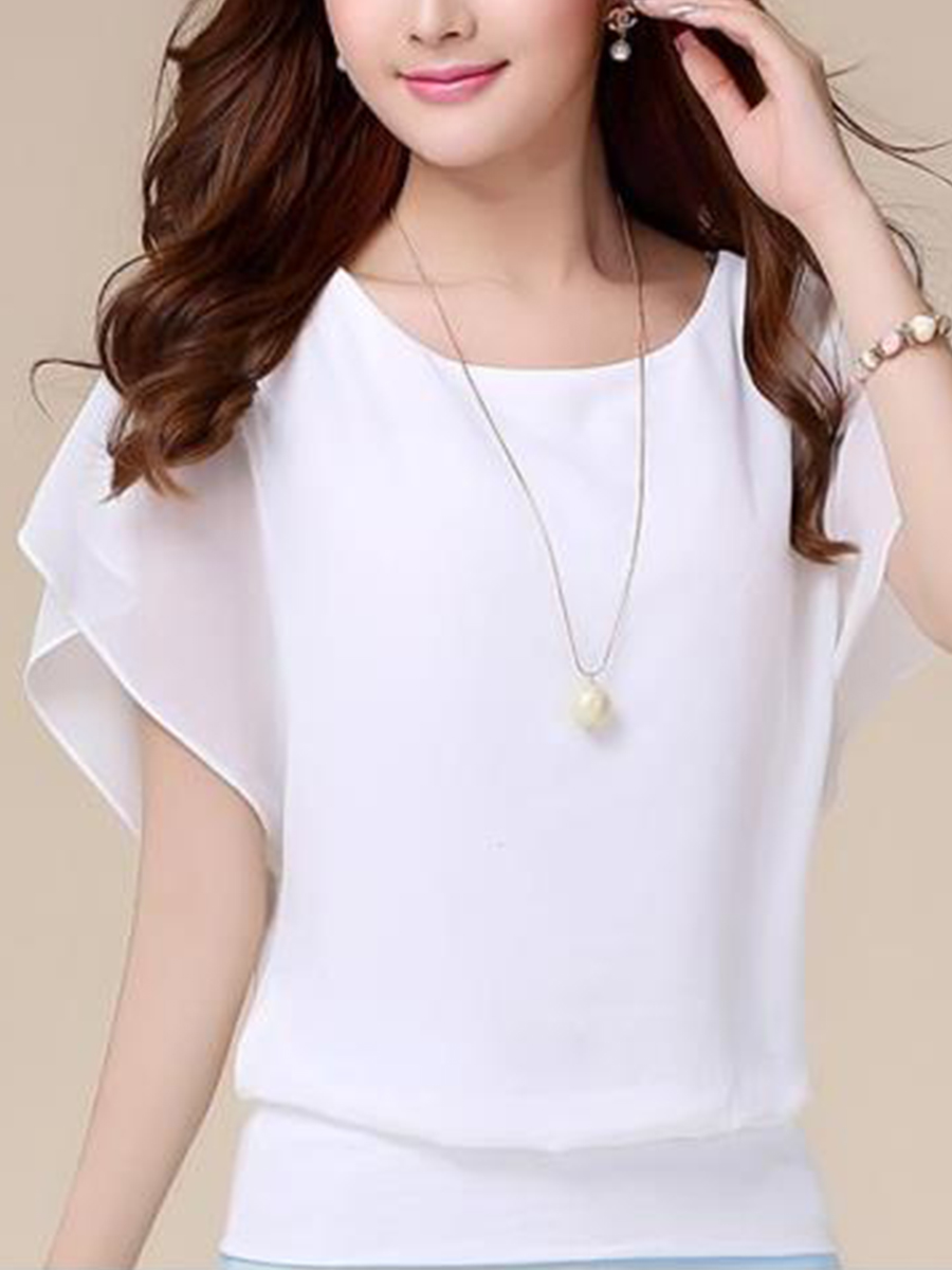 Spring Summer  Blend  Women  Crew Neck  Plain  Short Sleeve Blouses