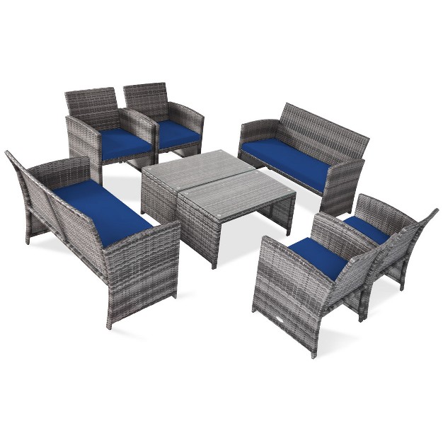 Tangkula 8 piece Outdoor Patio Furniture Set Rattan Wicker Conversation Sofa Set Navy