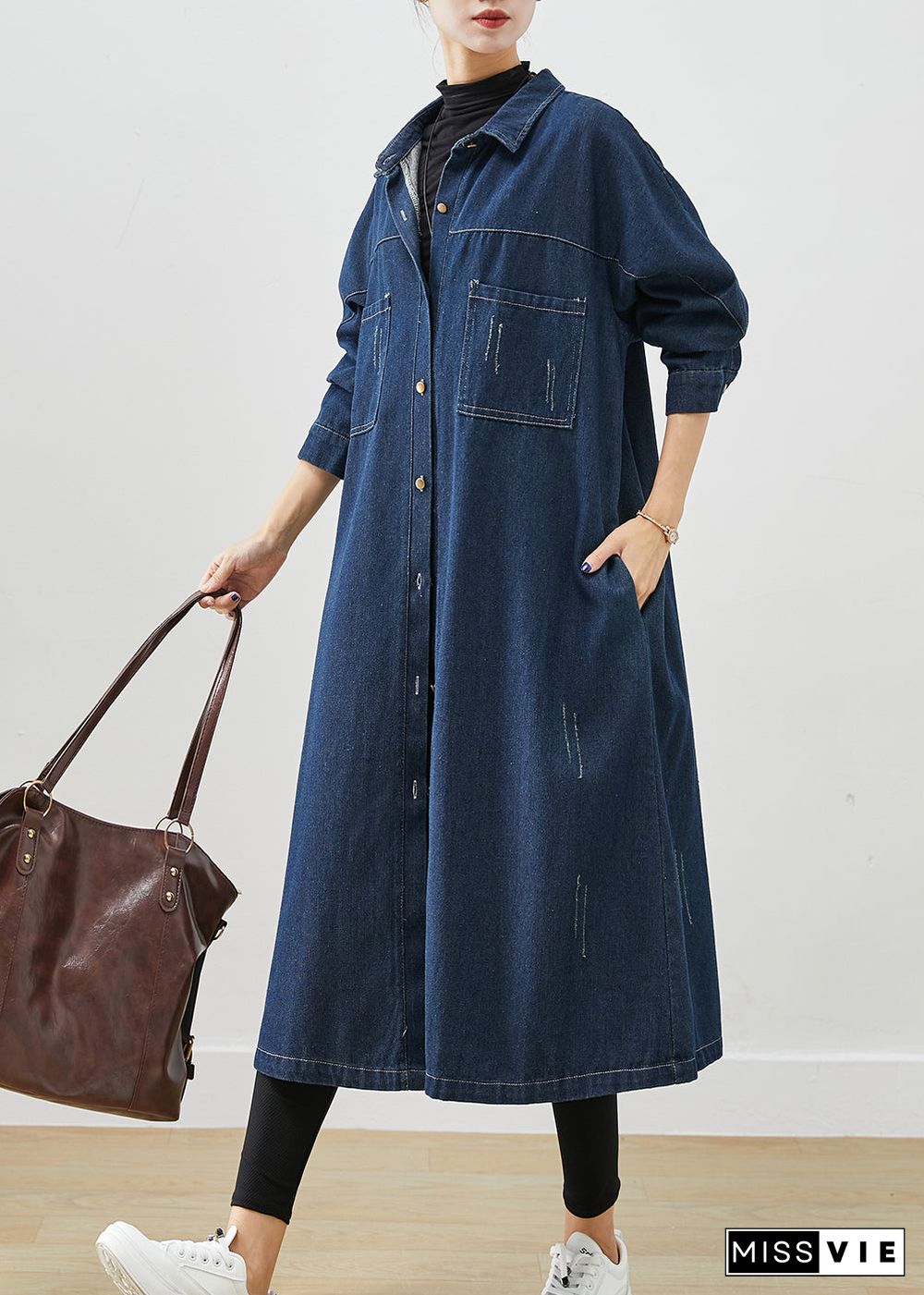 Navy Denim Trench Coats Oversized Pockets Fall