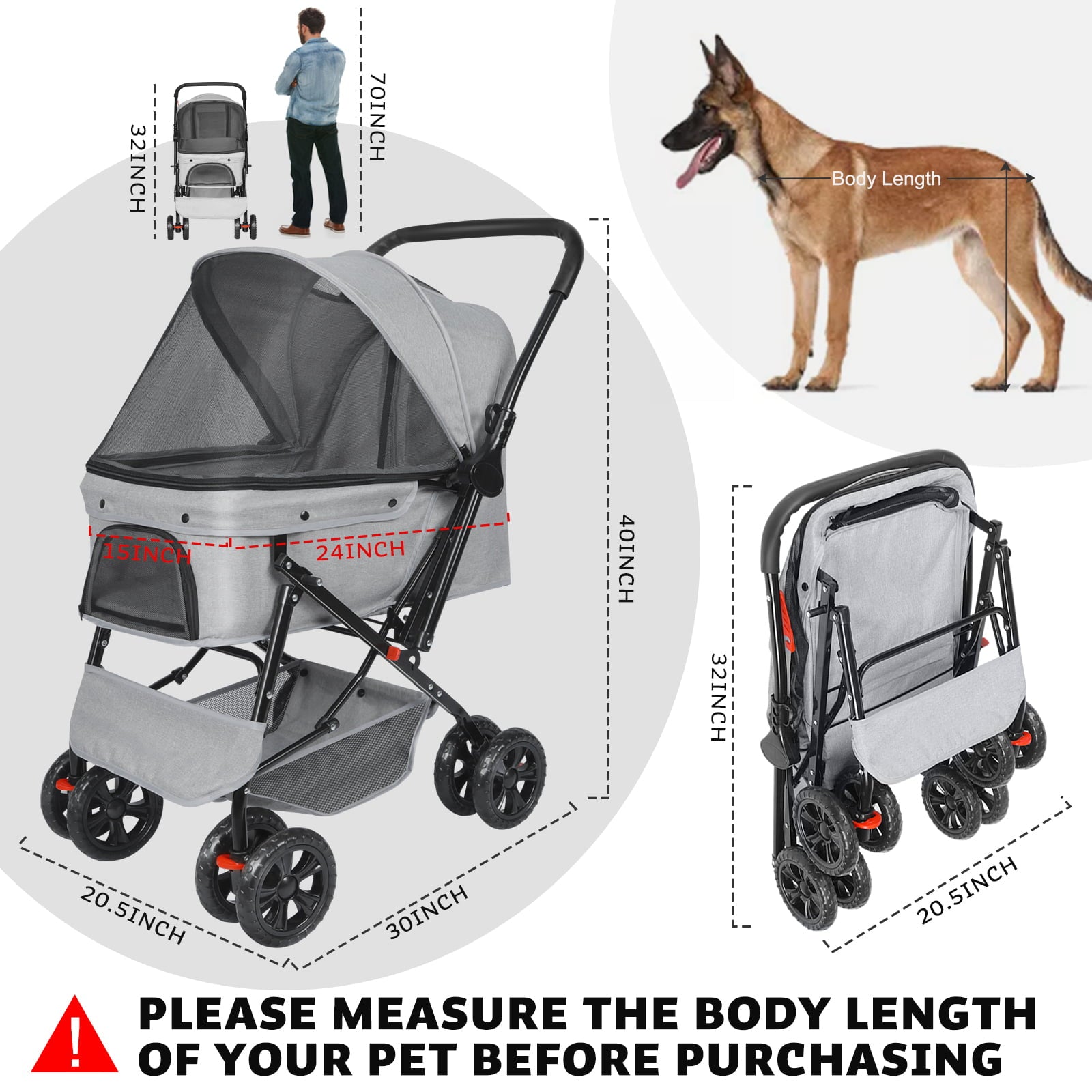 Wedyvko Medium-sized Pet stroller for Dogs and Cats， 4-Wheel folding cart-Gray