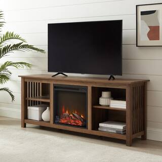 Welwick Designs 58 in. Rustic Oak Wood Mission Electric Fireplace TV Stand Fits TVs up to 65 in. with Adjustable Shelves HD9302