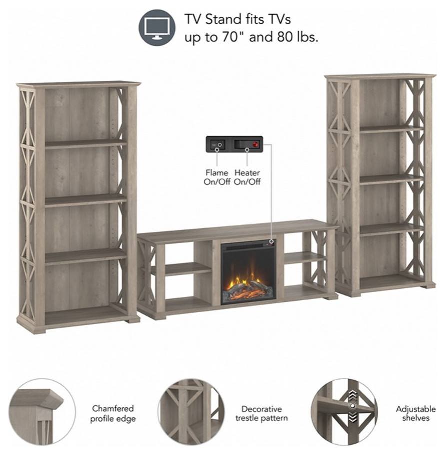 Homestead Electric Fireplace TV Stand with Bookcases in Gray   Engineered Wood   Farmhouse   Entertainment Centers And Tv Stands   by Homesquare  Houzz