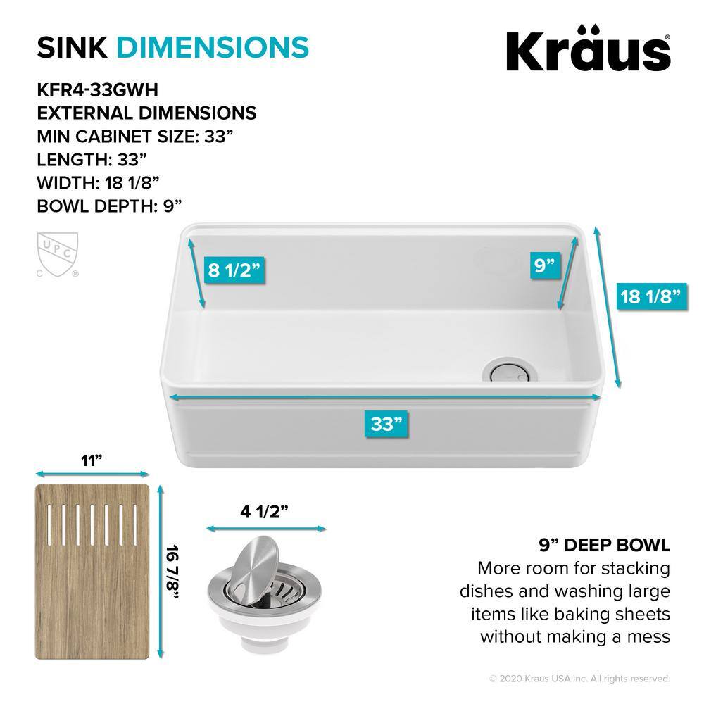 KRAUS Turino Gloss White Fireclay 33 in. Single Bowl Farmhouse Apron Workstation Kitchen Sink with Accessories KFR4-33GWH