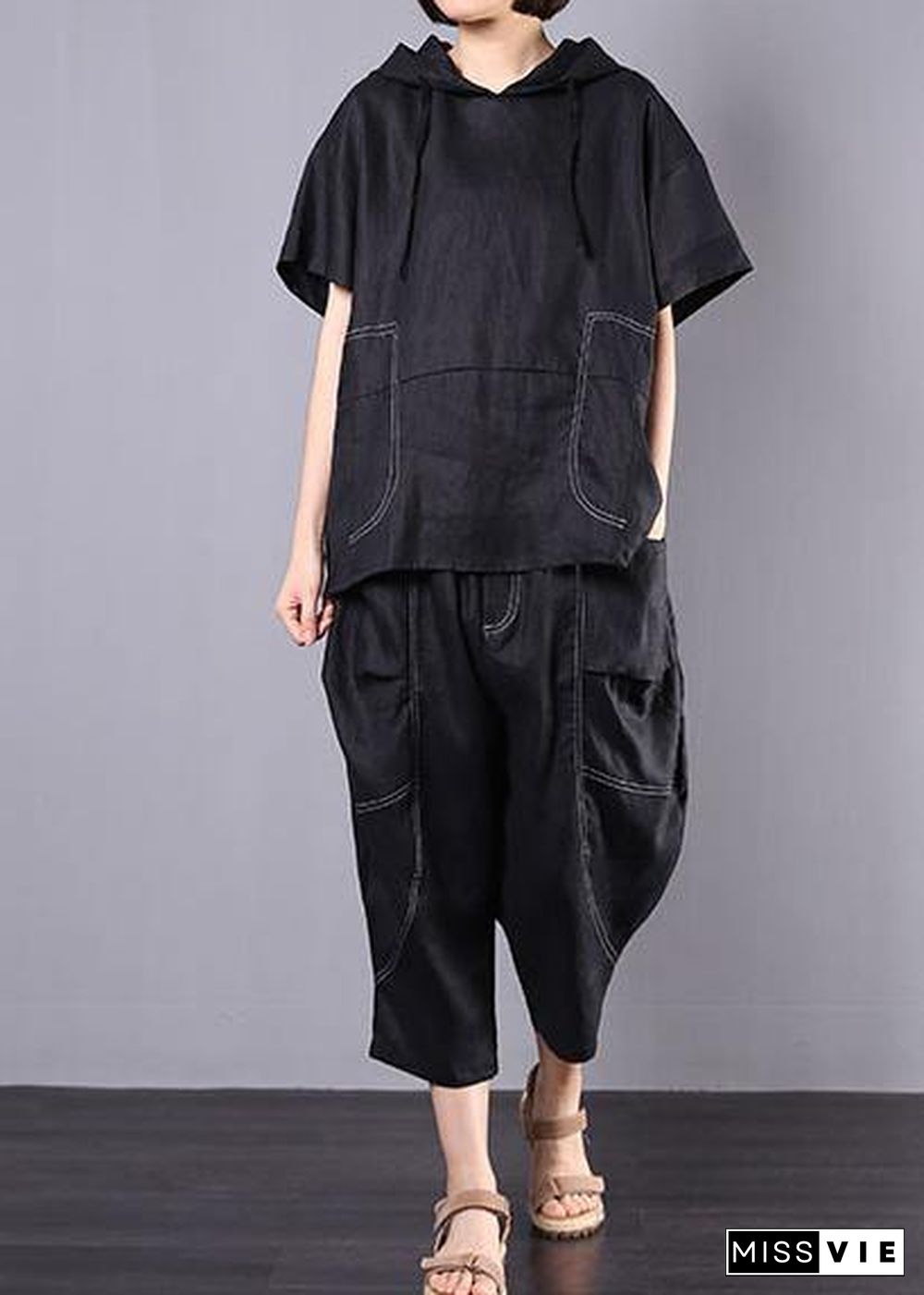 summer black casual linen two pieces hooded blouse with casual harem pants