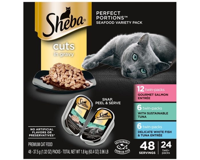 SHEBA Wet Cat Food Cuts in Gravy Variety Pack， With Sustainable Tuna and Gourmet Salmon Entree and Delicate White Fish  Tuna Entree， 2.6 oz. Cans， 24 Count