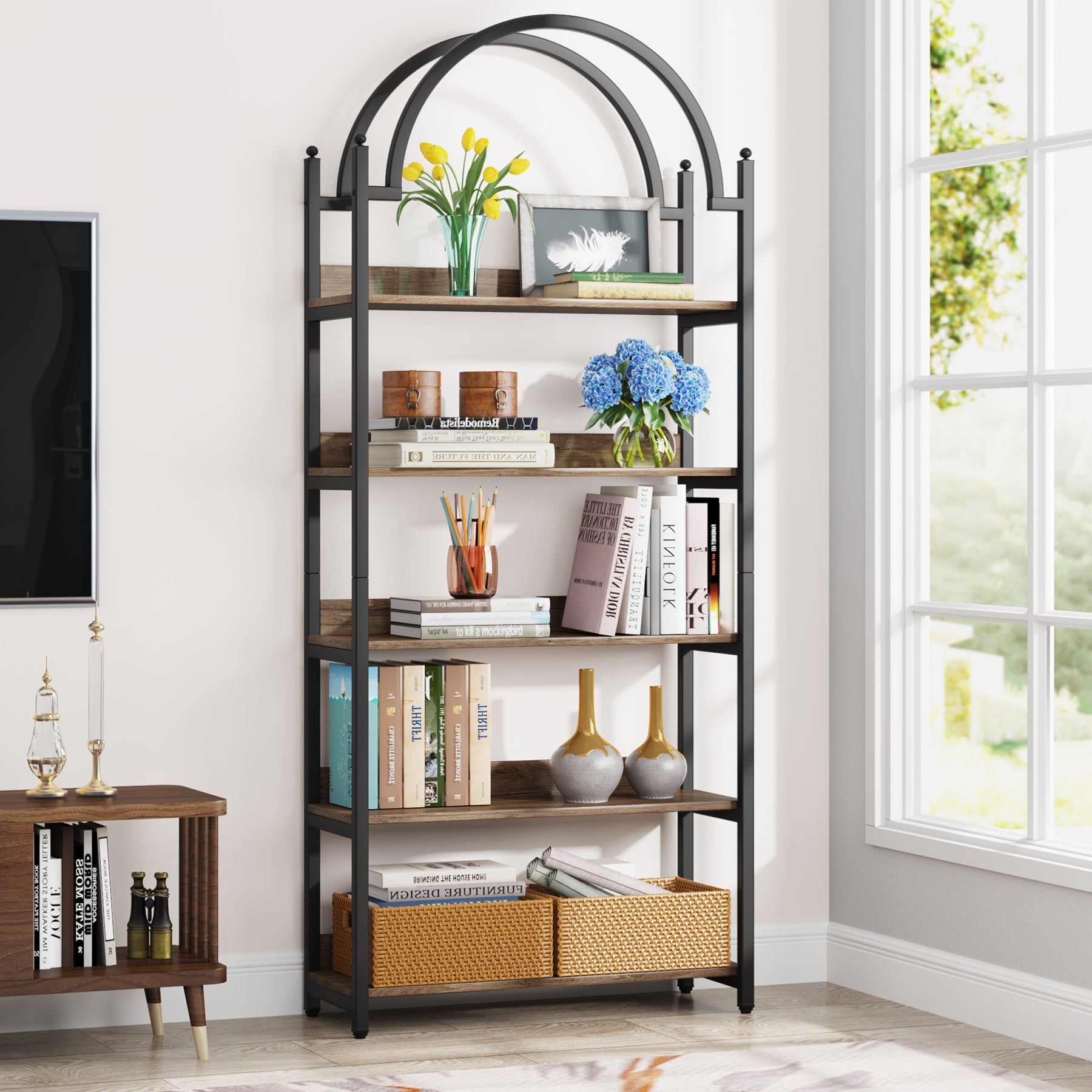 5-Shelf Bookshelf, 72.44 Arched Etagere Open Bookcase