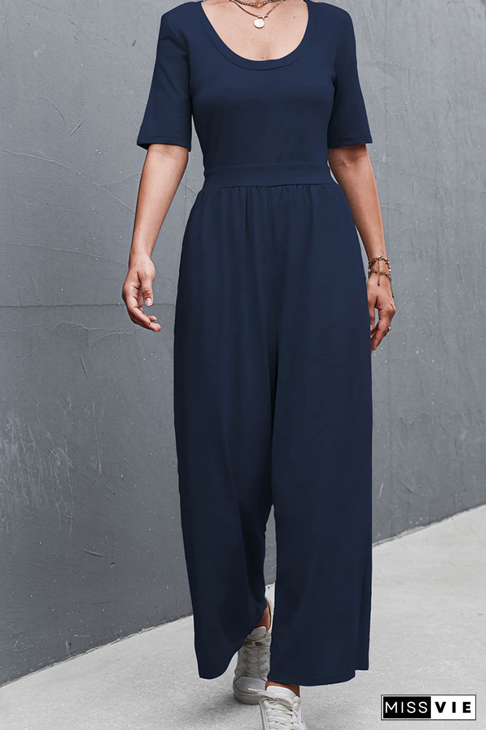 Solid Color Short Sleeve Wide Leg Jumpsuit Wholesale