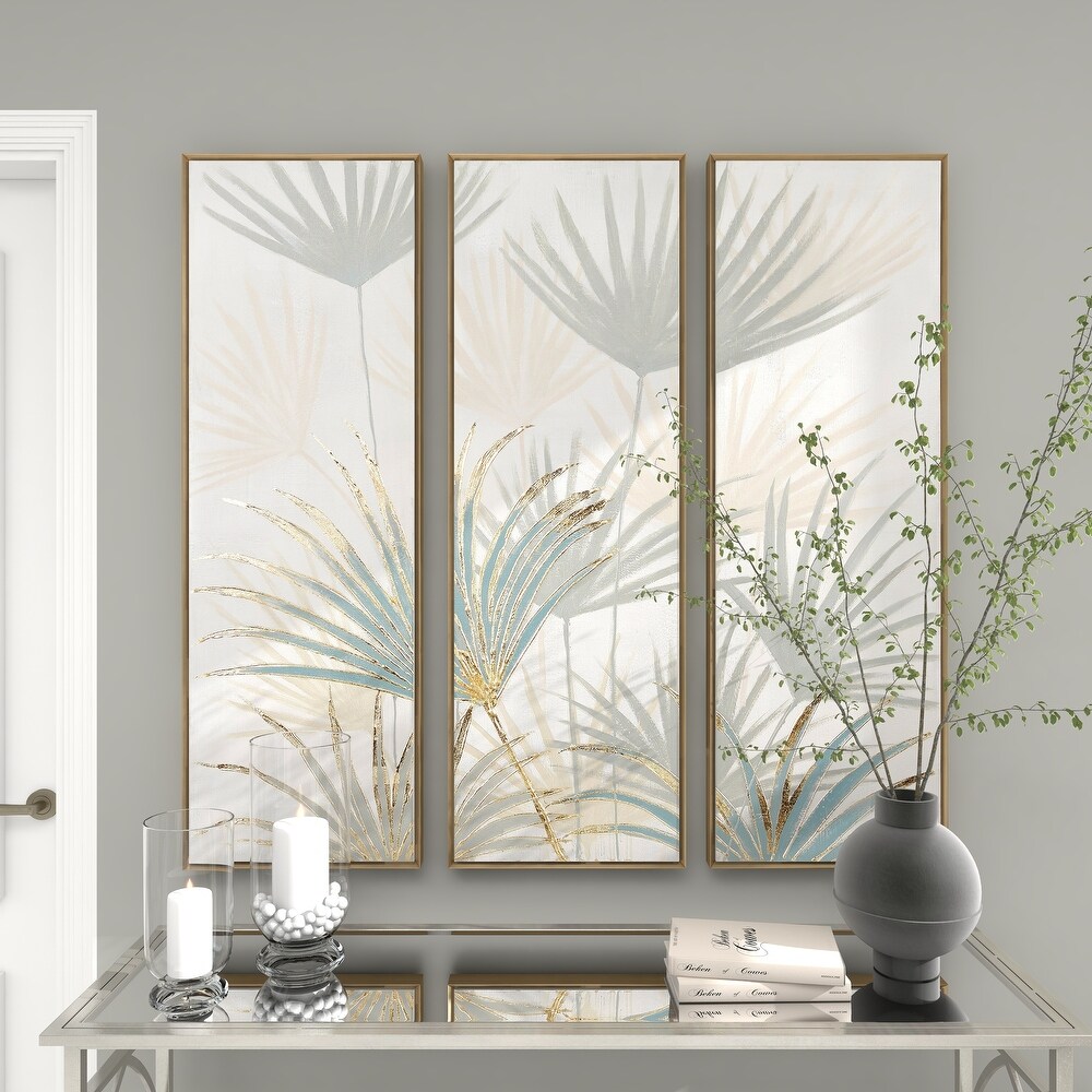 Brown Canvas Palm Leaf Framed Wall Art with Gold Frame (Set of 3)