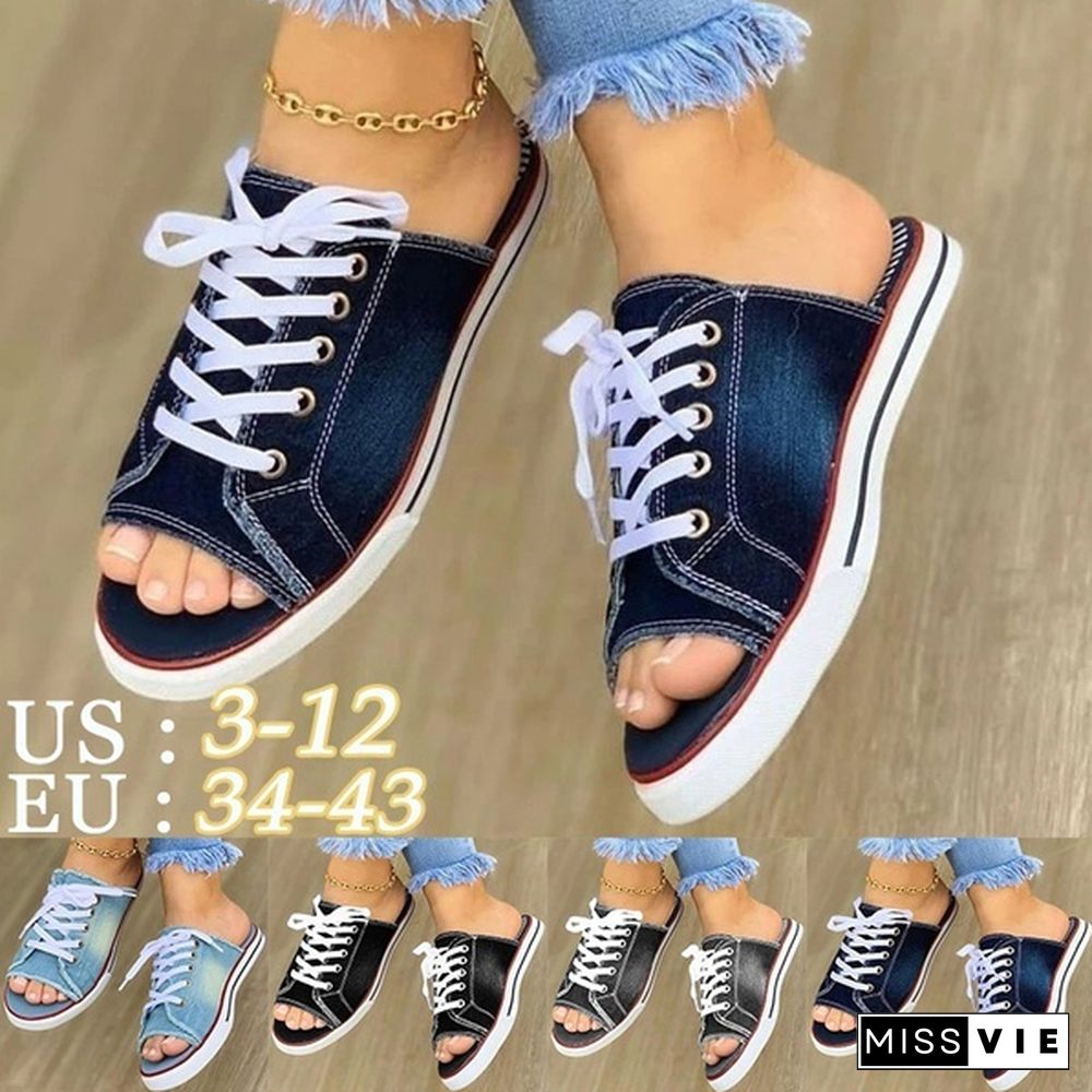 New Trending Women Canvas Shoes Flat Sneakers Denim Loafers Open Toe Sandals Ladies Casual Slippers Shoes Low Upper Sommerschuhe Damen Sandalias De Mujer